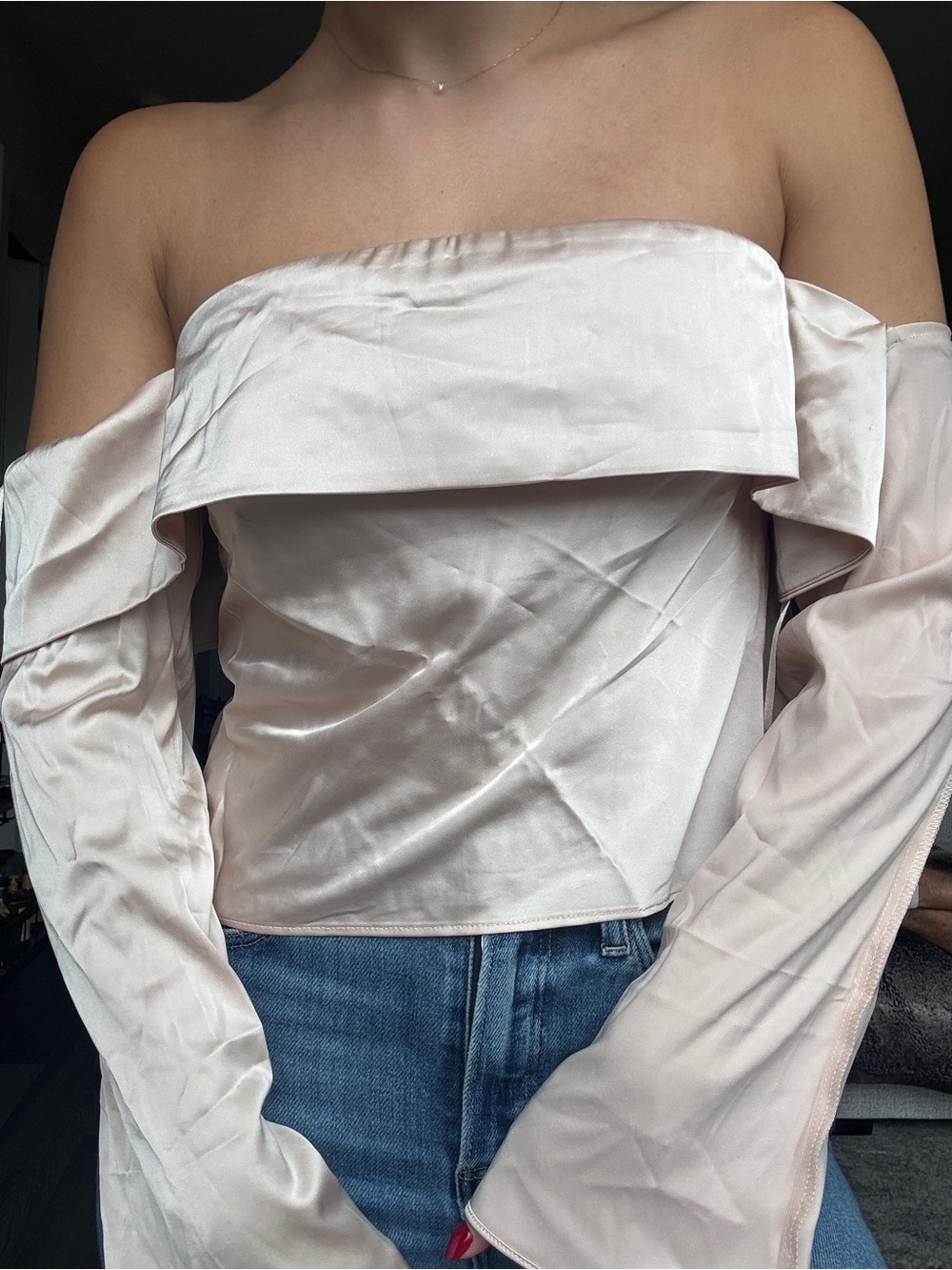 Off-Shoulder Satin Blouse in Champagne